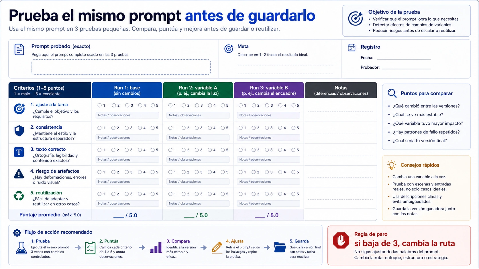 Hoja de prueba del mismo prompt con base, variables y criterios de puntuación