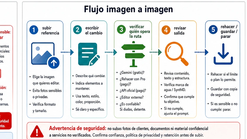 Flujo imagen a imagen: subir referencia, escribir cambio, verificar ruta, revisar salida, rehacer, guardar o parar