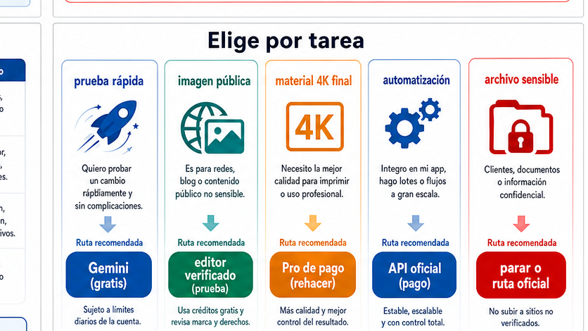 Matriz de selección: prueba rápida, imagen pública, material final 4K, automatización y archivo sensible