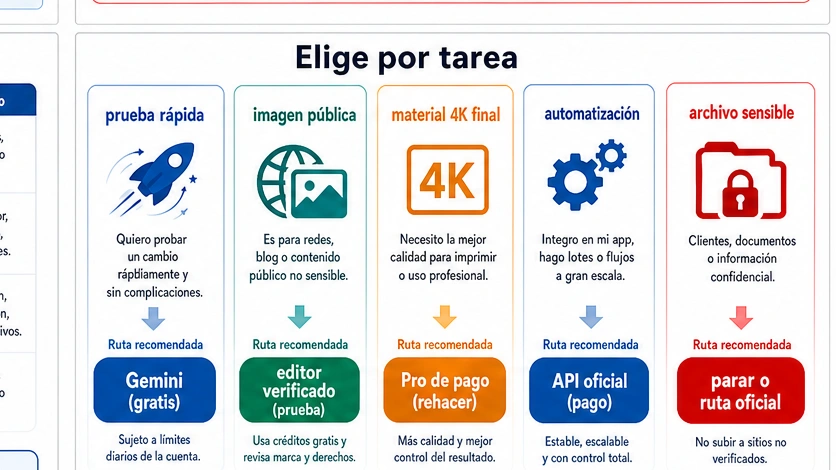 Matriz de selección: prueba rápida, imagen pública, material final 4K, automatización y archivo sensible