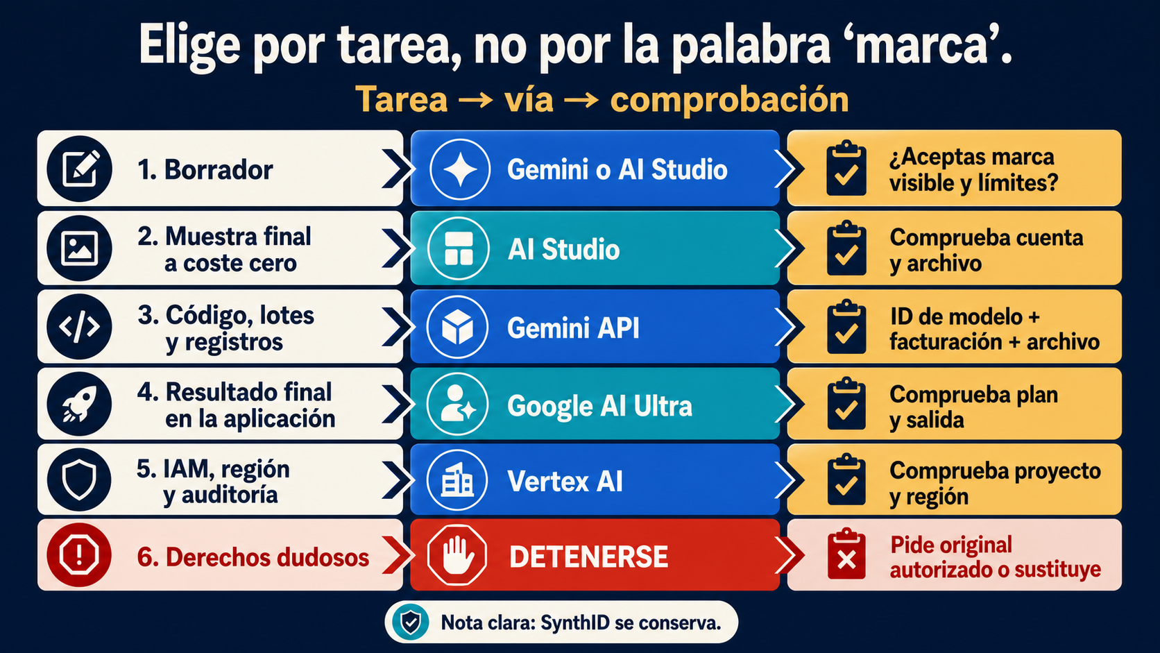 Matriz en español para elegir la ruta de Nano Banana según la tarea