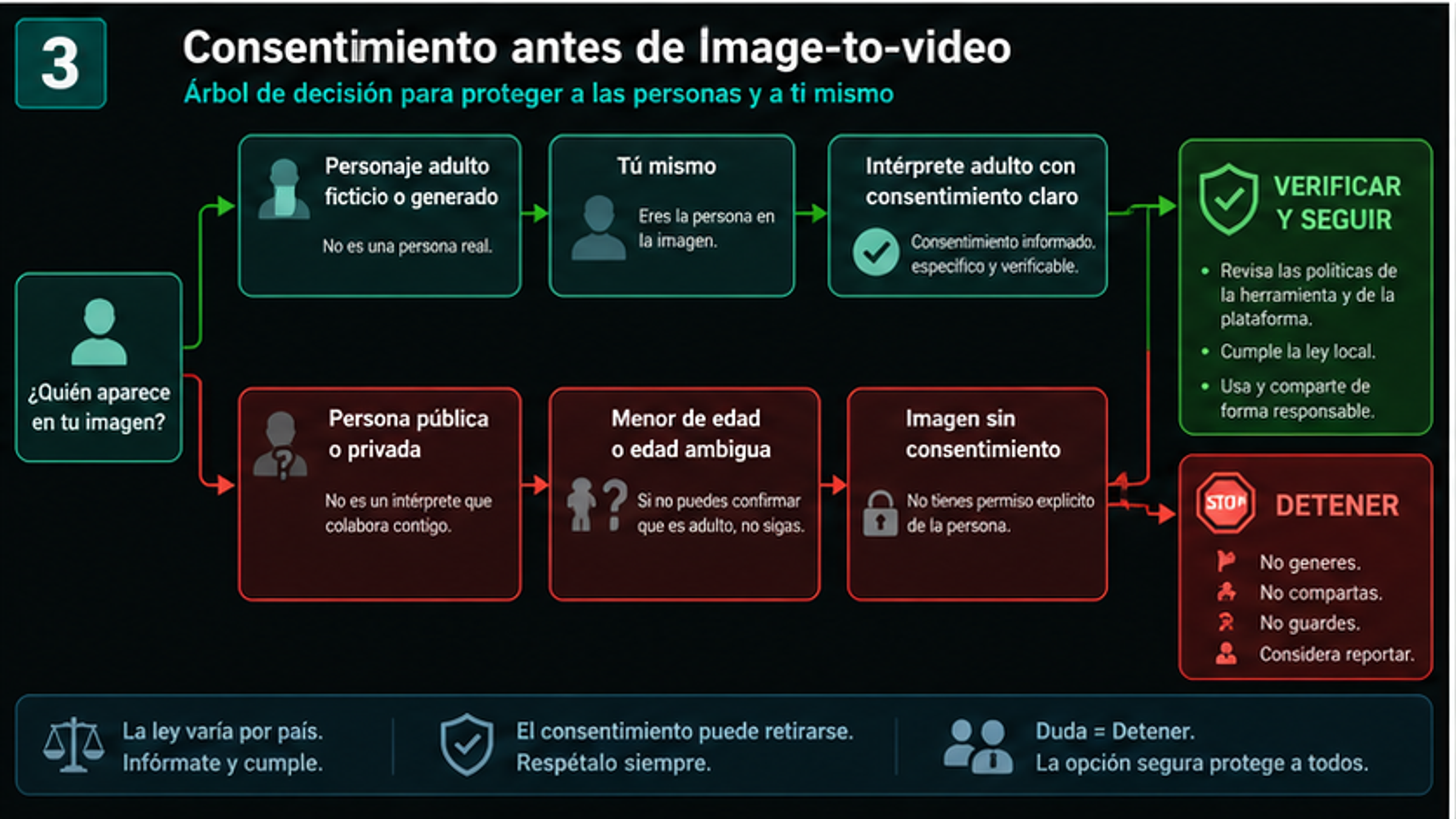 Árbol de decisión de consentimiento para image-to-video con casos ficticios, uso propio, adultos con consentimiento y líneas de parada para personas reales o menores