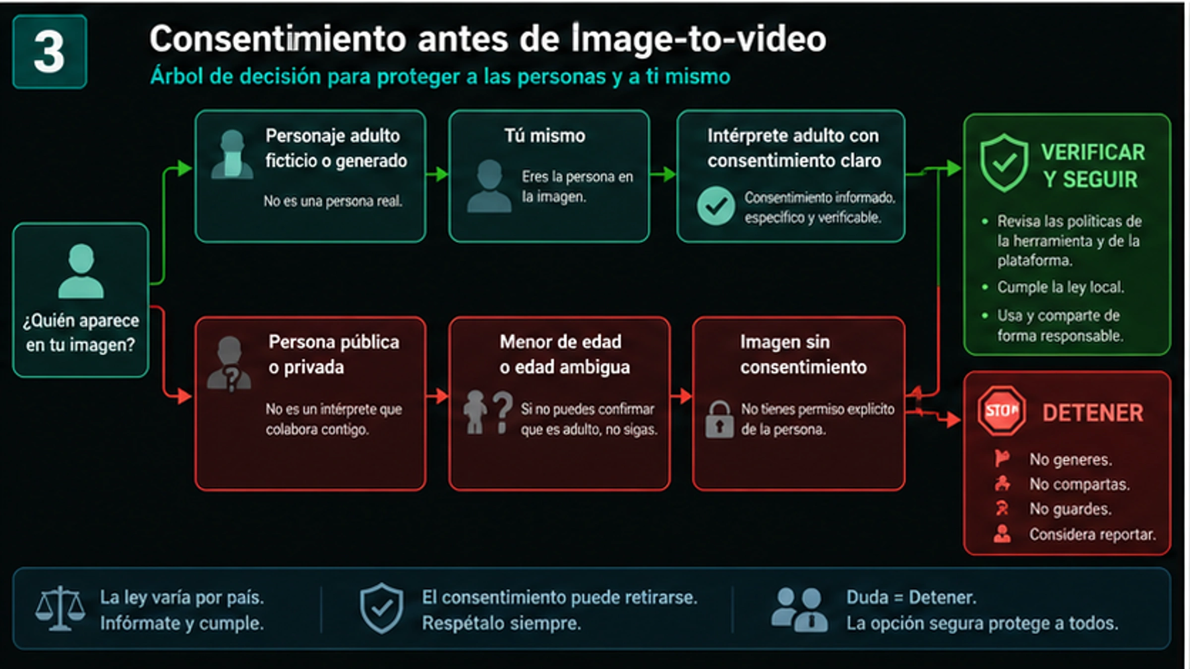 Árbol de decisión de consentimiento para image-to-video con casos ficticios, uso propio, adultos con consentimiento y líneas de parada para personas reales o menores