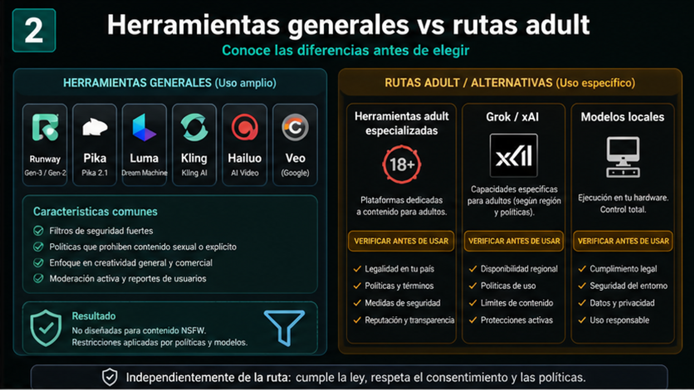 Tablero que separa generadores generales de video IA y rutas adultas alternativas con sus comprobaciones de política
