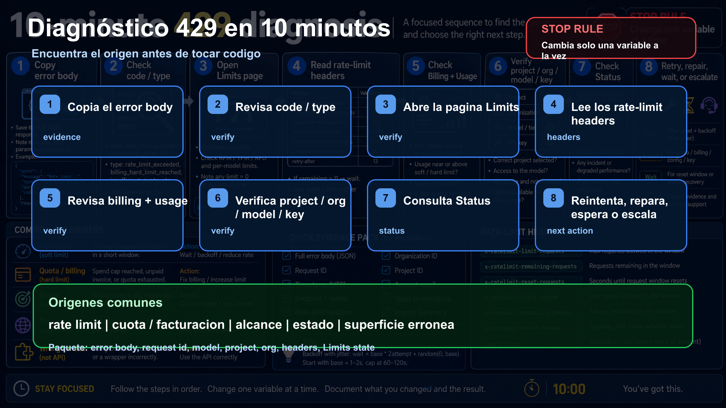 Flujo de diez minutos para diagnosticar OpenAI API 429