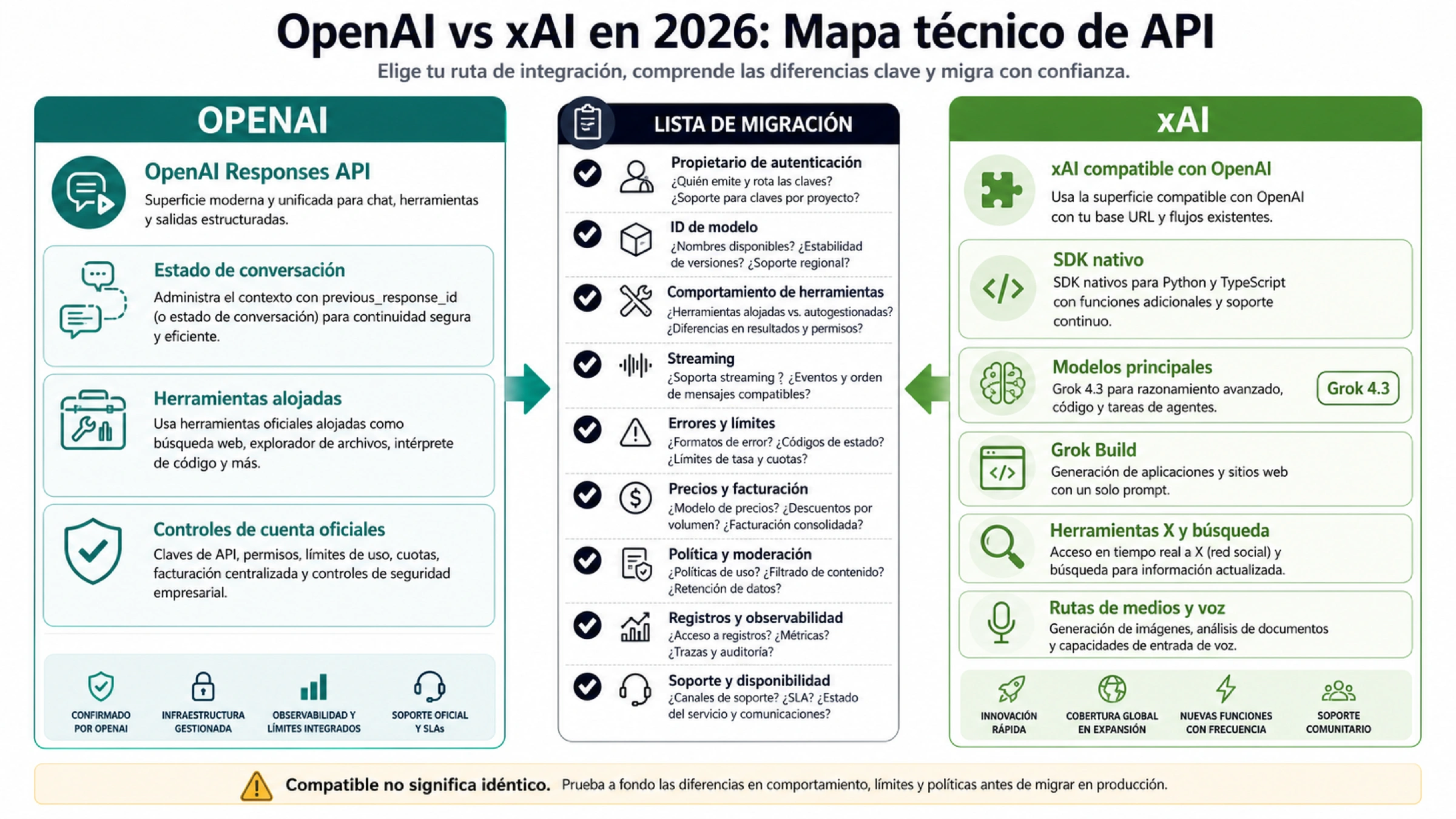 Mapa de OpenAI Responses API y migracion compatible de xAI con comprobaciones de propietario y comportamiento