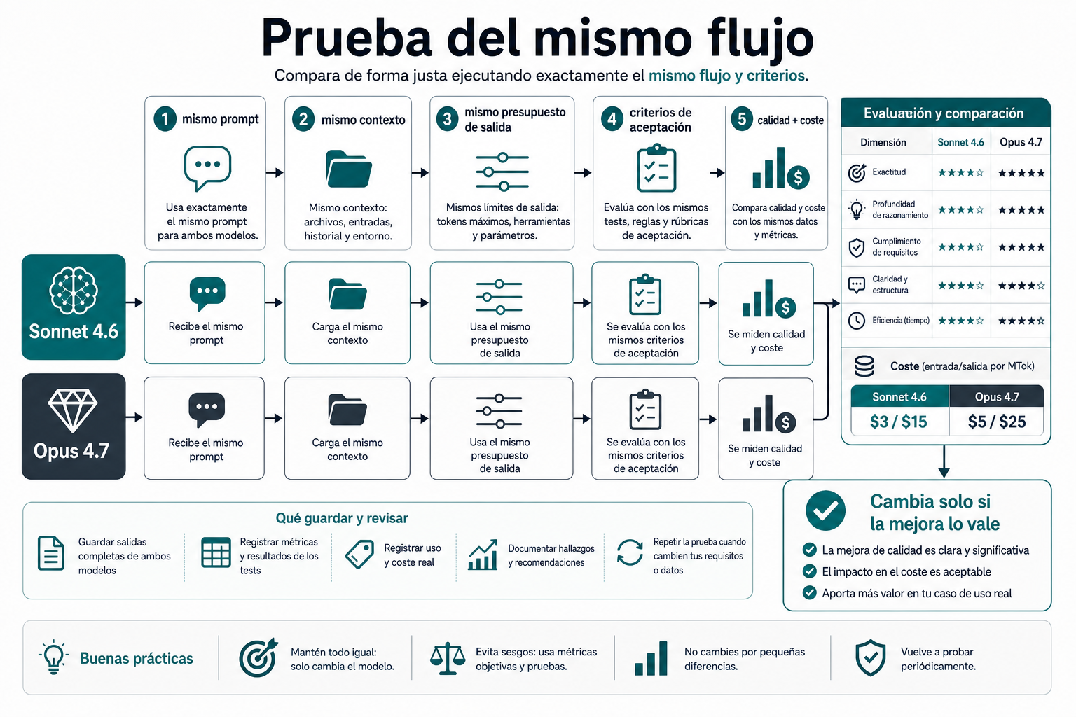 Flujo de prueba del mismo trabajo para comparar Sonnet 4.6 y Opus 4.7 por calidad y coste