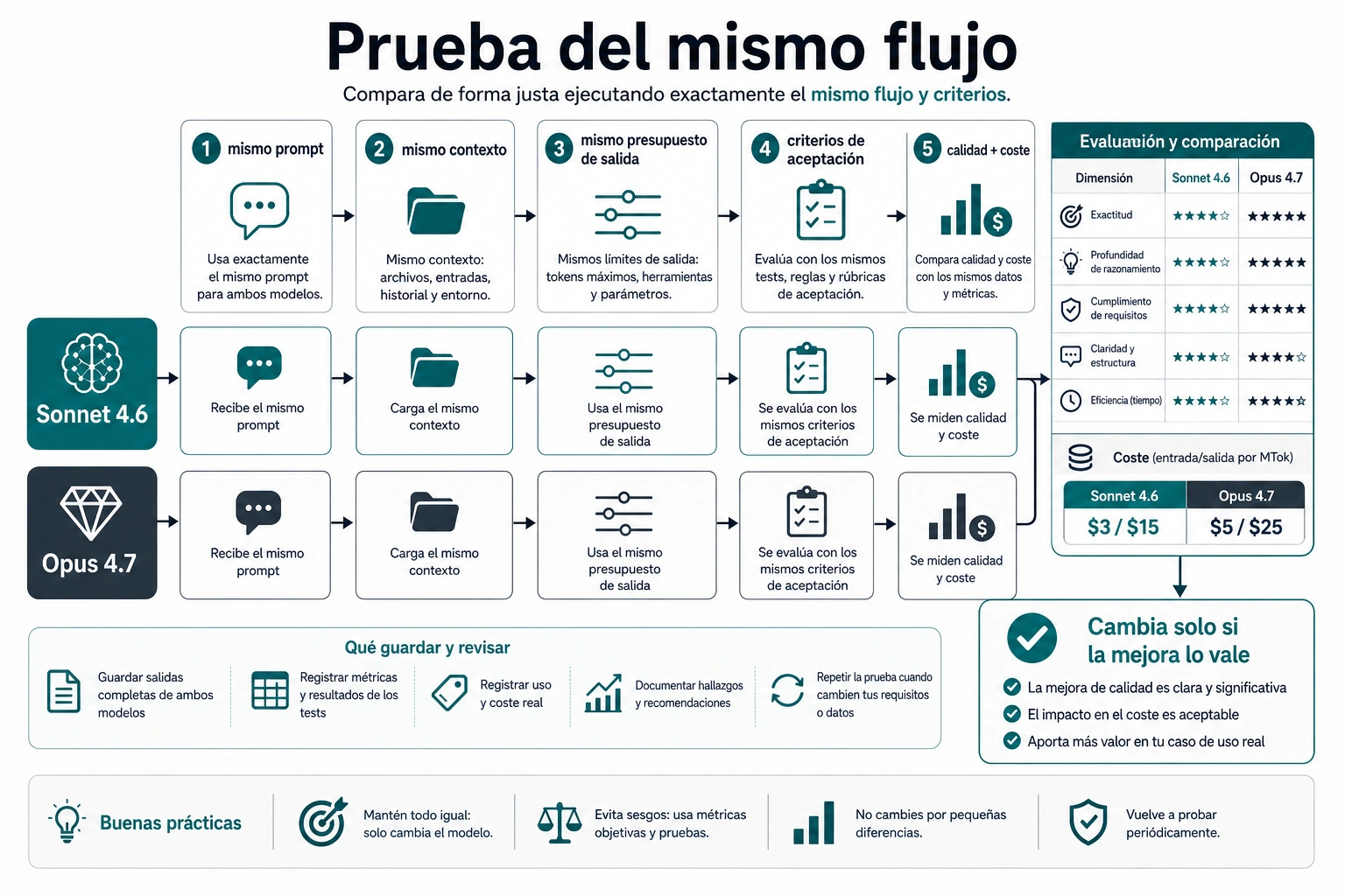 Flujo de prueba del mismo trabajo para comparar Sonnet 4.6 y Opus 4.7 por calidad y coste