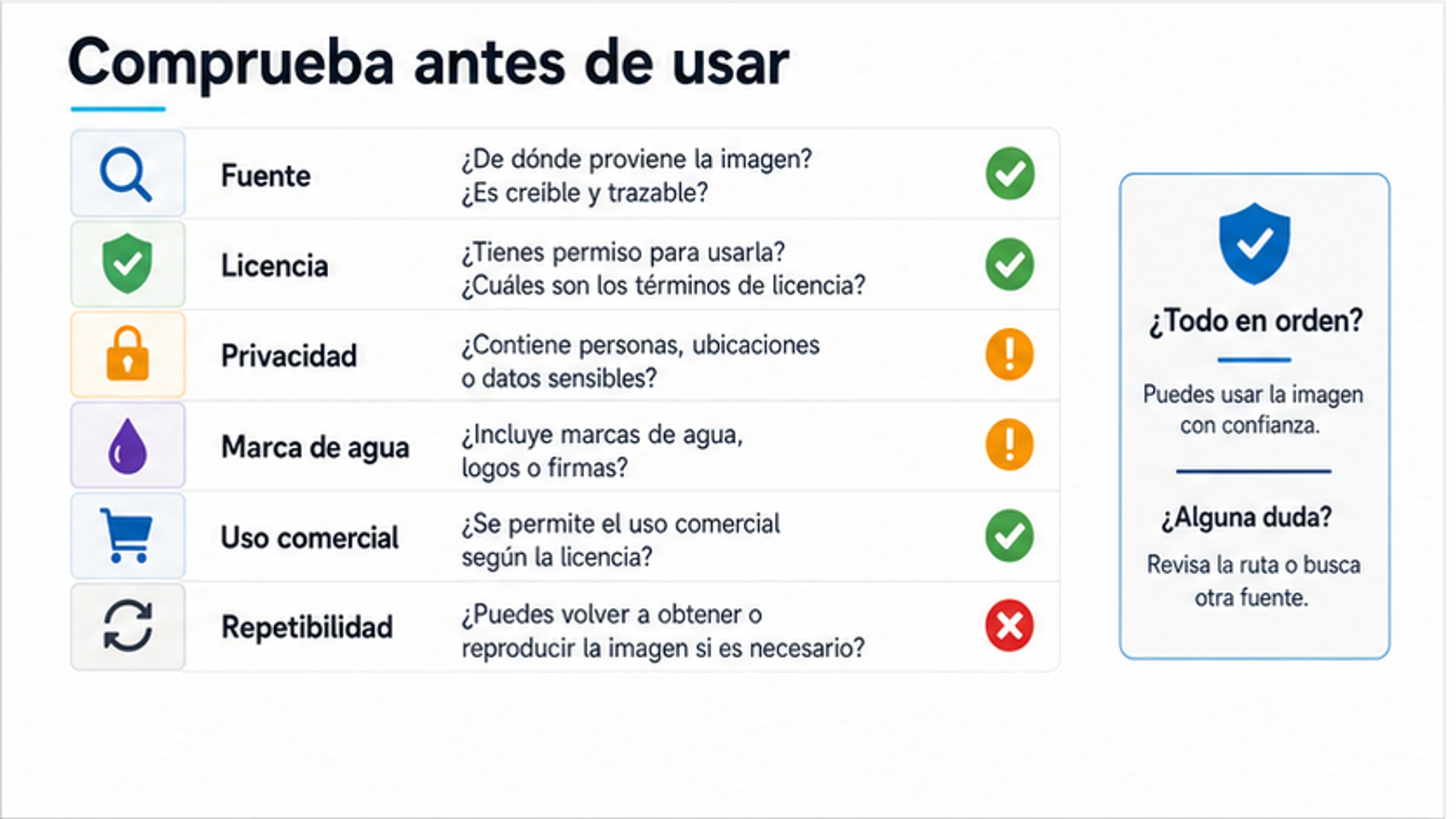 Lista para verificar fuente, licencia, privacidad, marca de agua, uso comercial y repetibilidad
