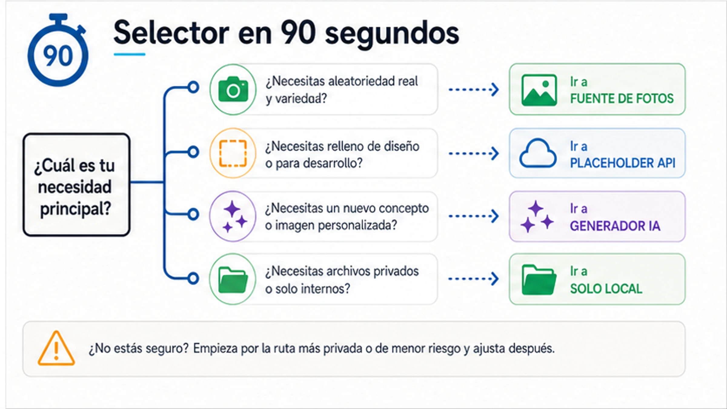 Flujo de decisión para elegir foto, prompt, placeholder URL, galería propia o IA