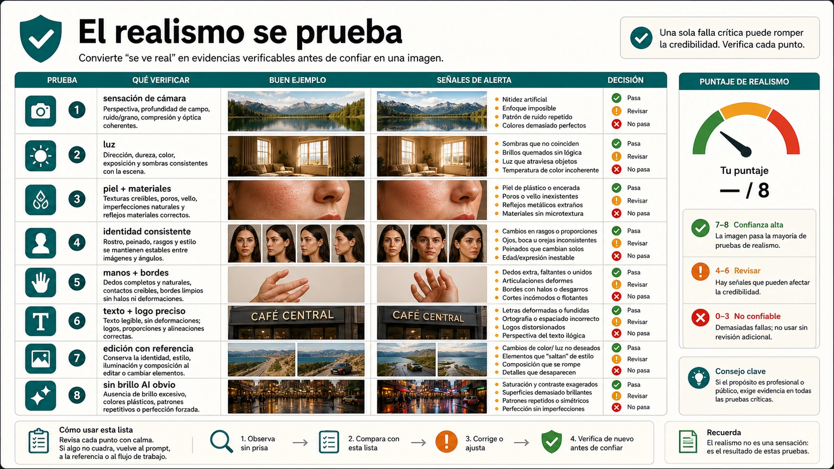 Matriz de prueba de realismo para imágenes AI con cámara, luz, piel, materiales, identidad, precisión de texto y artefactos AI