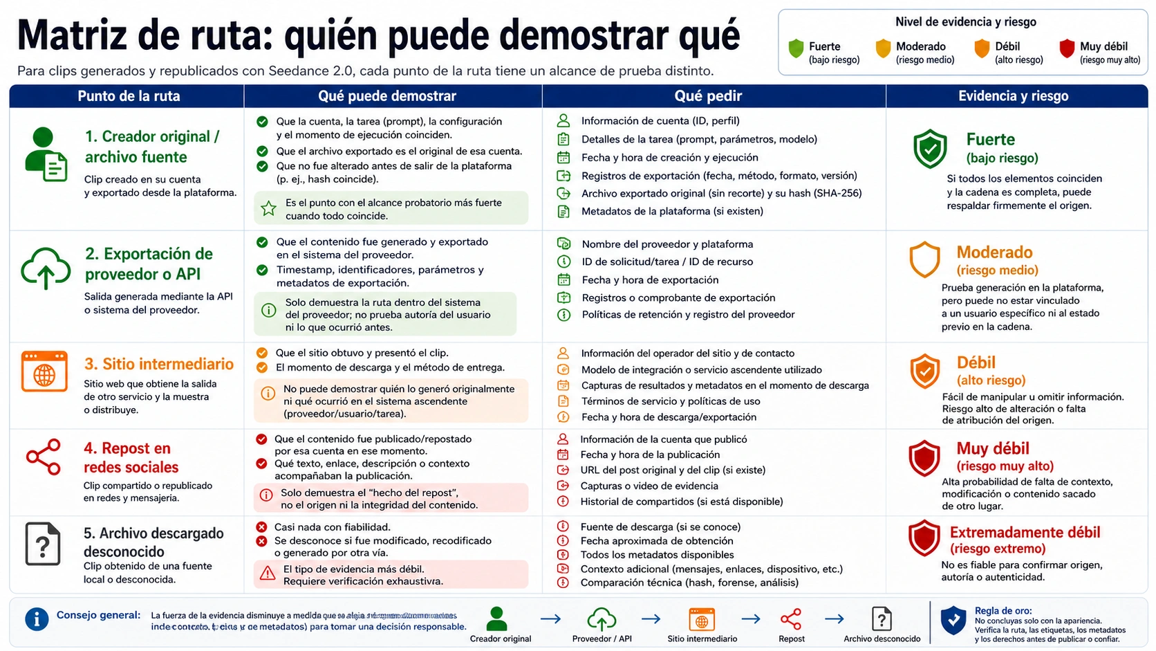 Matriz de ruta de origen para videos generados y repostados de Seedance 2.0
