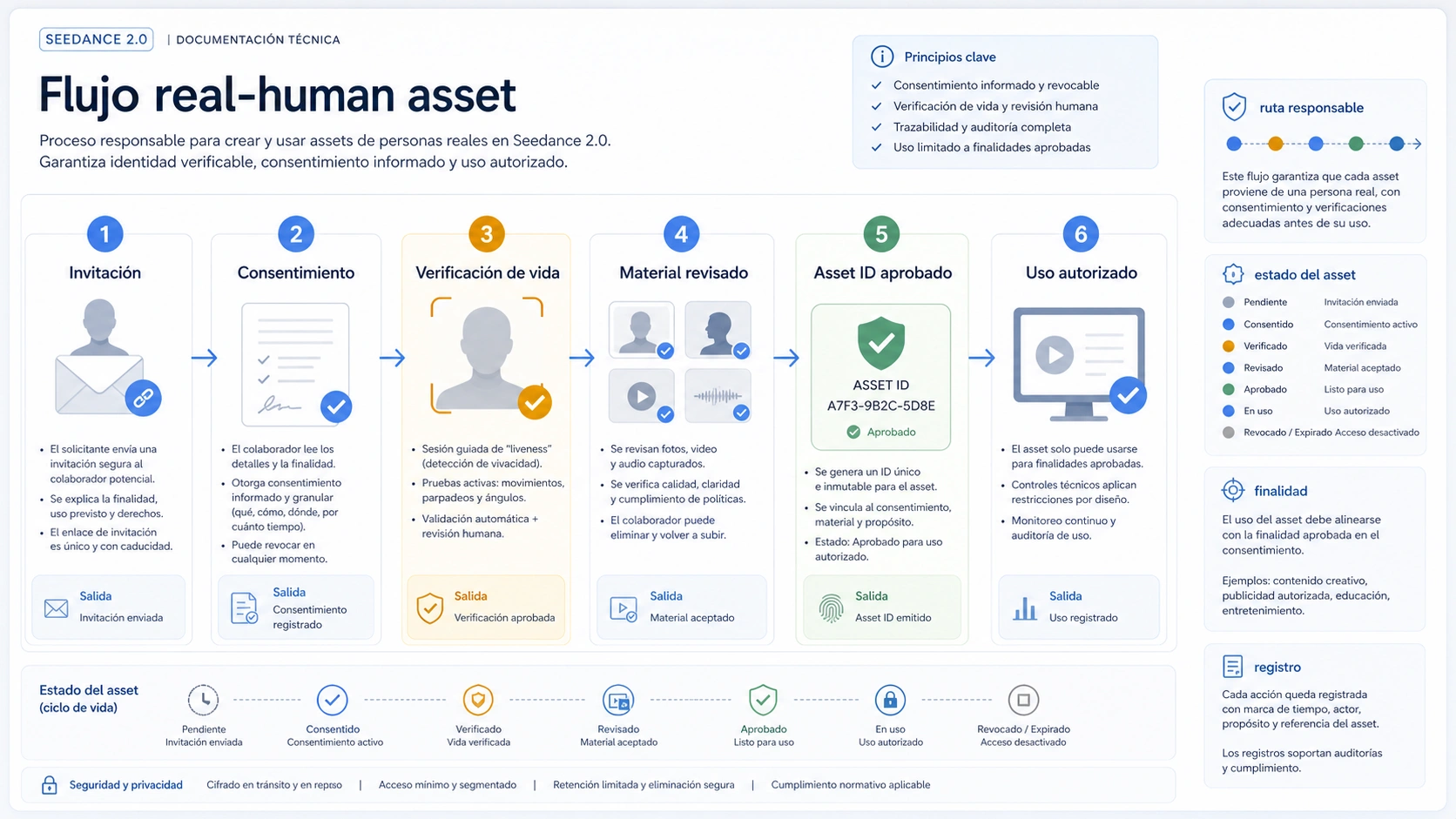 Flujo real-human asset desde invitación de consentimiento hasta Asset ID verificado