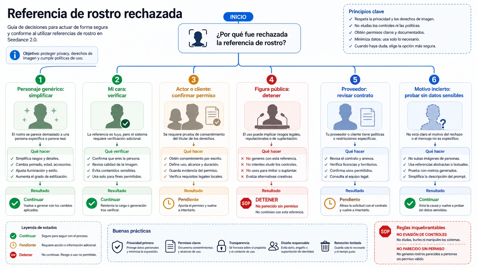 Mapa de decisión cuando Seedance 2.0 rechaza una referencia de rostro