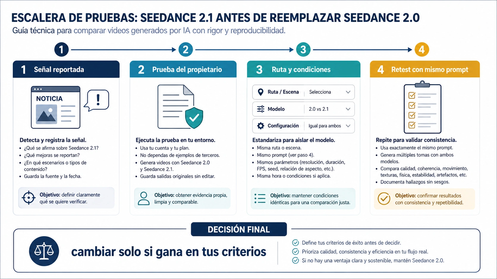 Escala de pruebas para decidir cuándo Seedance 2.1 puede sustituir a Seedance 2.0