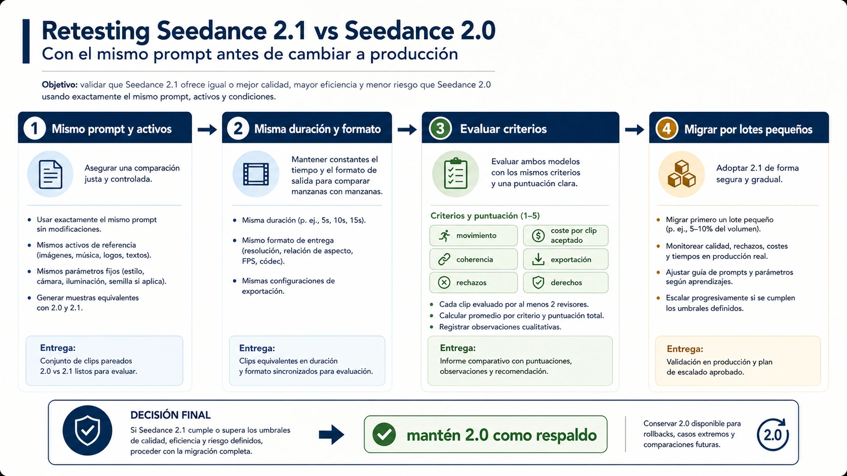 Flujo de retest con el mismo prompt para comparar Seedance 2.0 y una ruta probada de Seedance 2.1