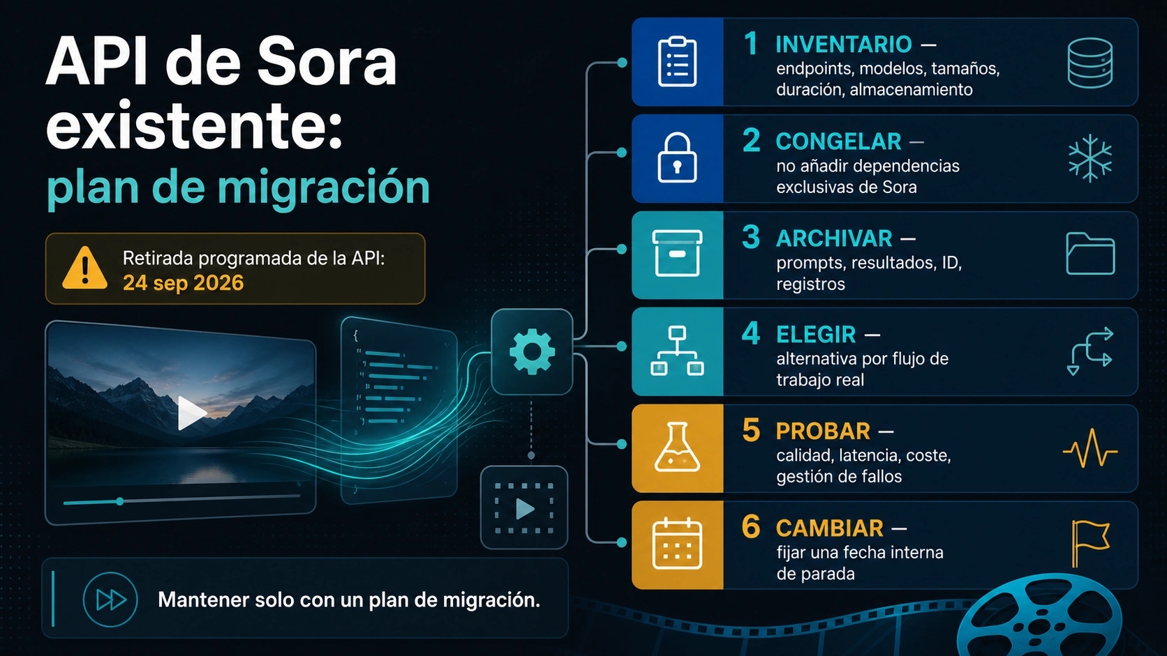 Fecha límite de migración de Sora API: inventario, muestras, validación de alternativa y cambio antes del 24 de septiembre de 2026