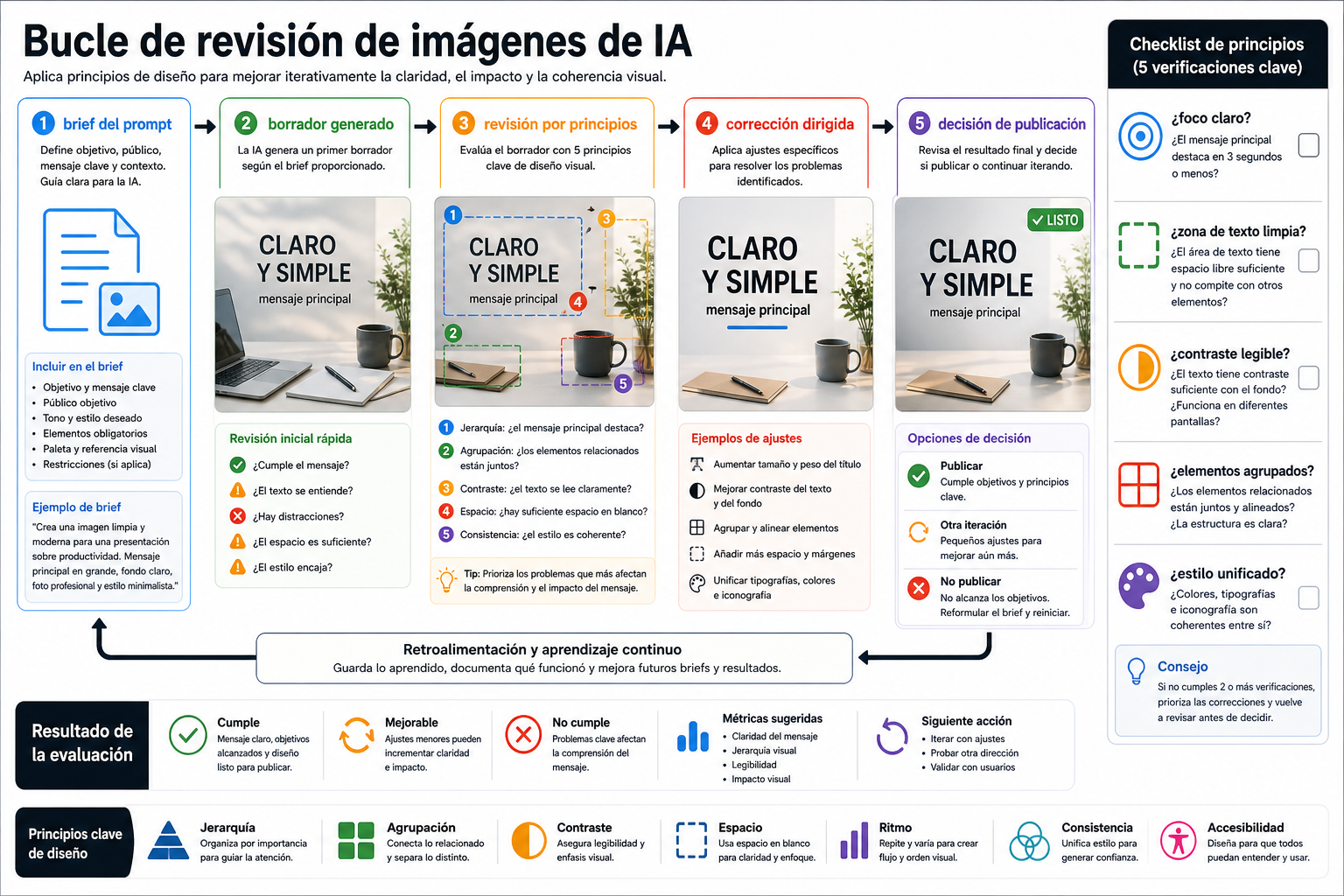 Bucle de revisión de imágenes de IA con brief del prompt, borrador generado, revisión por principios, corrección dirigida y decisión de publicación