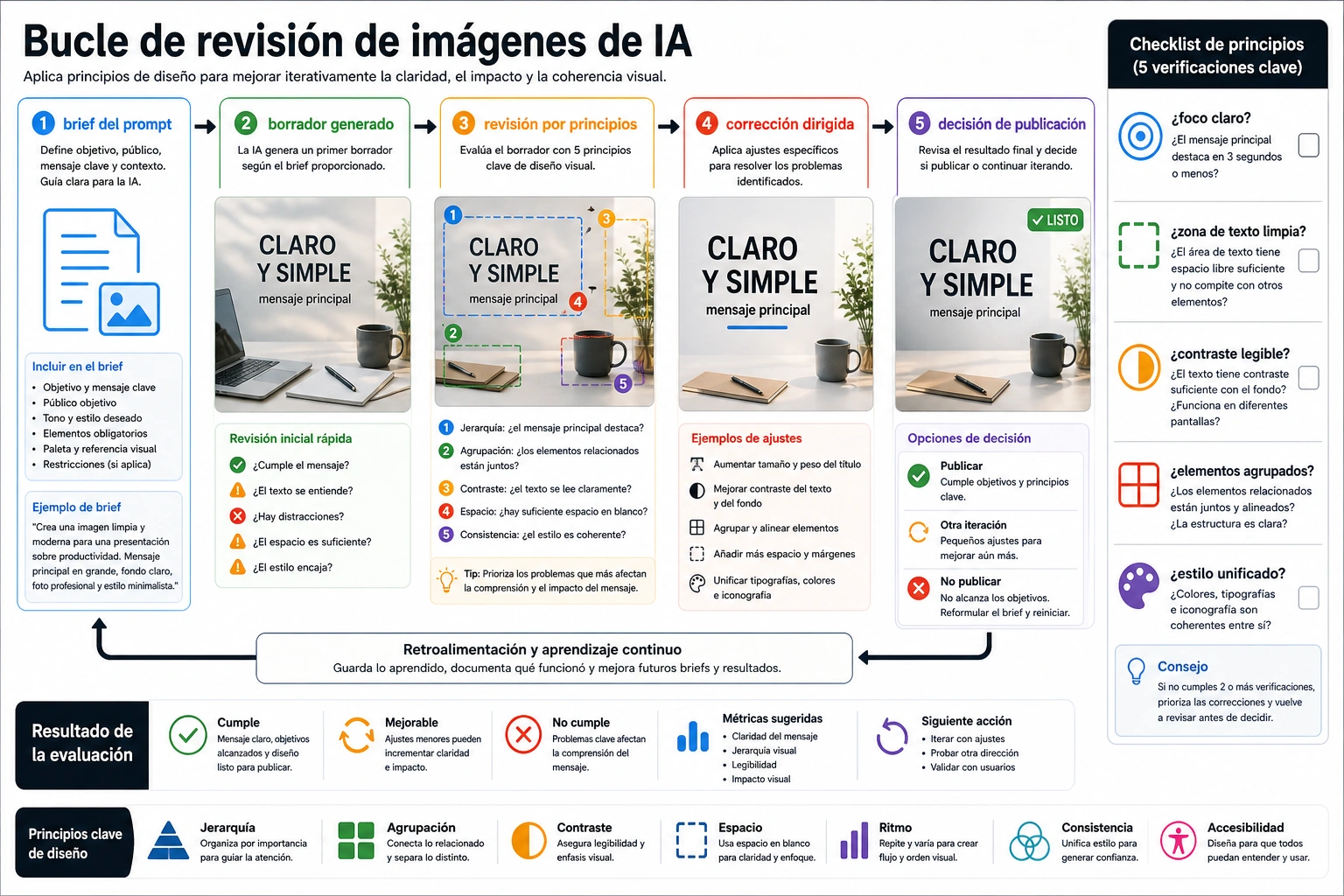 Bucle de revisión de imágenes de IA con brief del prompt, borrador generado, revisión por principios, corrección dirigida y decisión de publicación