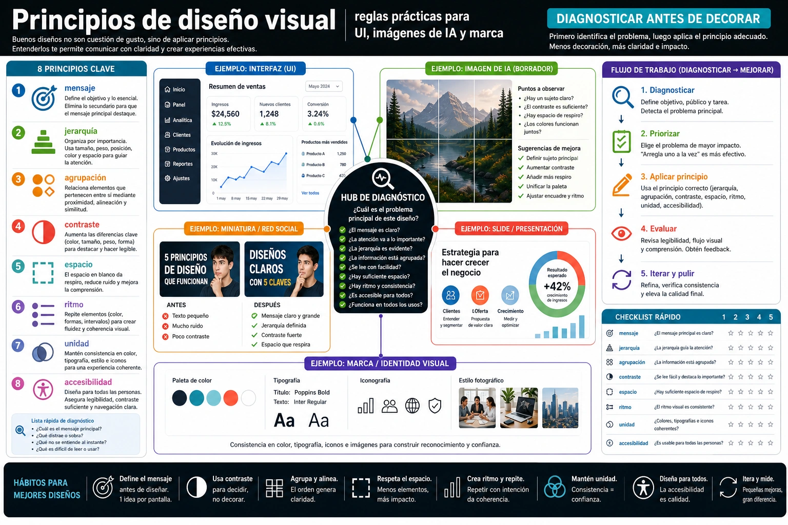 Principios de diseño visual: reglas prácticas para UI, imágenes de IA y marca