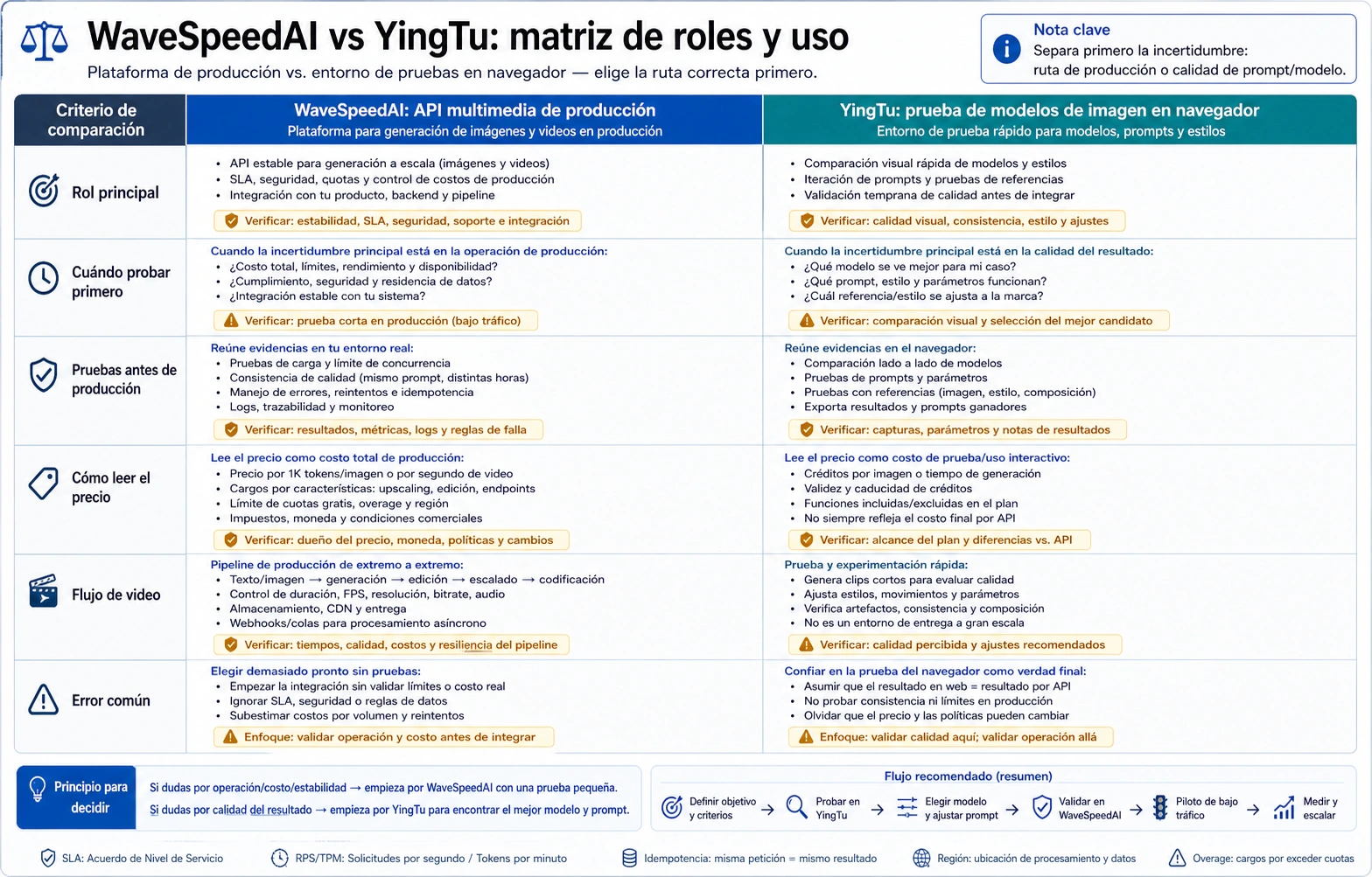 Matriz que compara la plataforma de producción WaveSpeedAI con la prueba en navegador de YingTu
