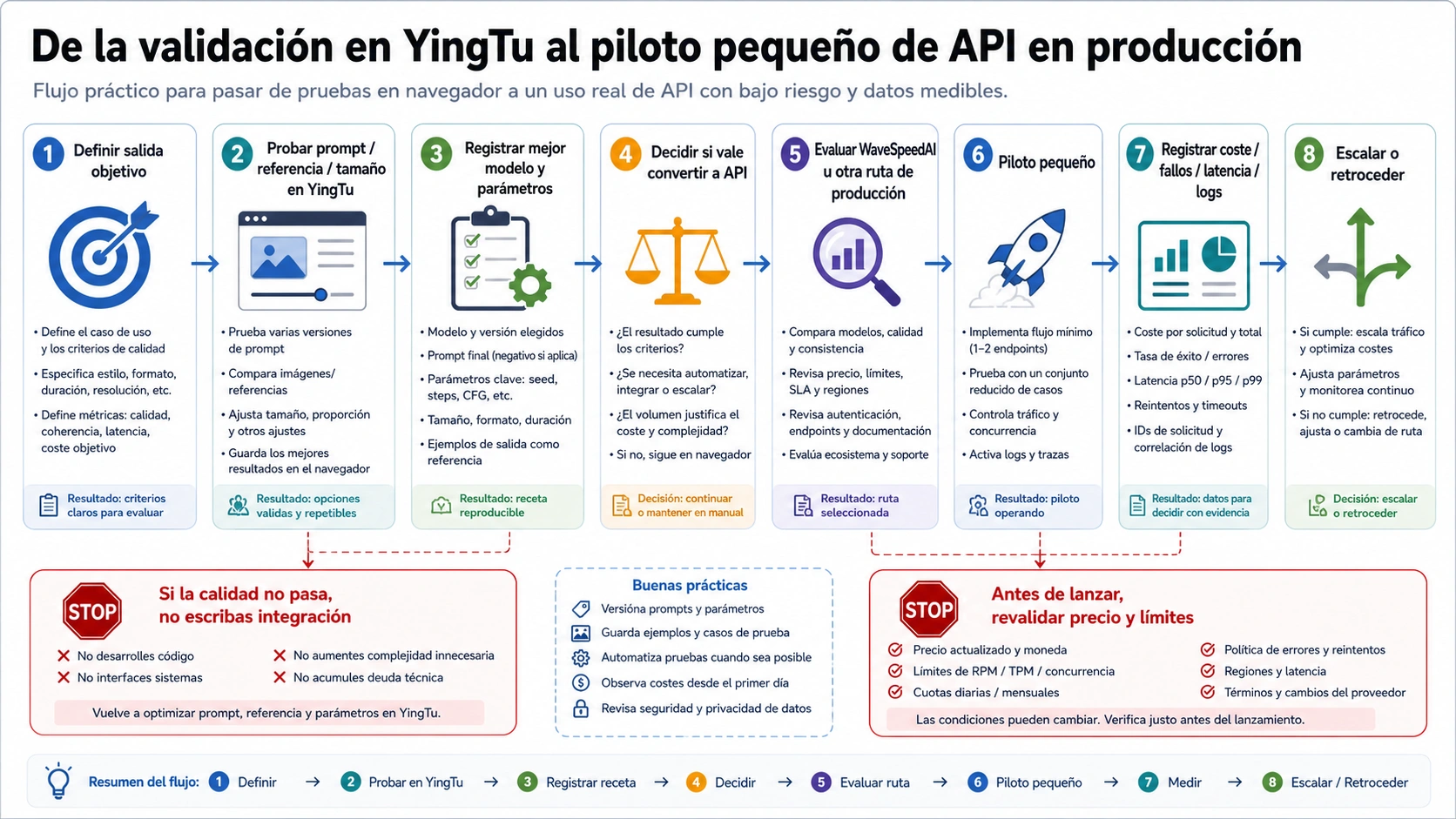 Flujo desde la validación en YingTu hasta un piloto de API de producción con WaveSpeedAI u otra ruta