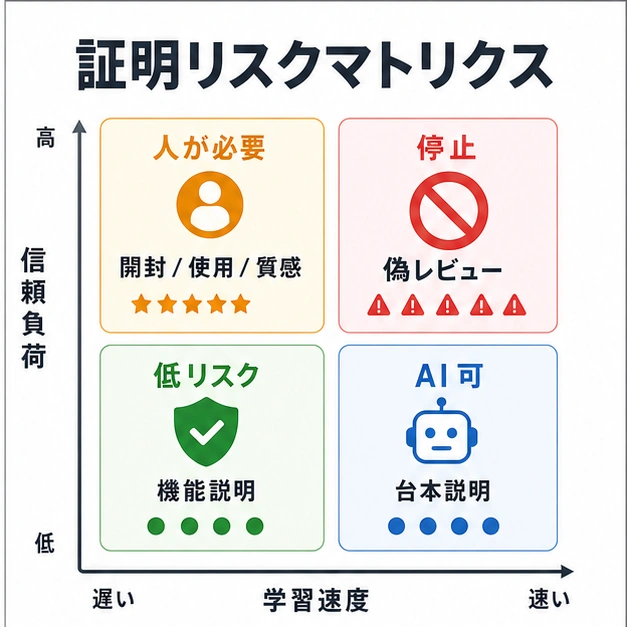 機能説明、AI台本、実在クリエイター証明、偽レビュー停止線を分ける証明リスクマトリクス