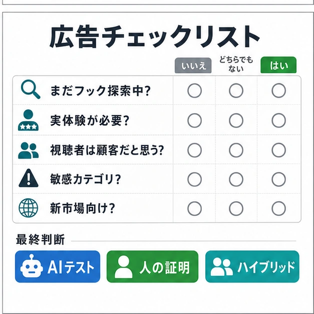 AIテスト、人の証明、ハイブリッド判断のための広告チェックリスト