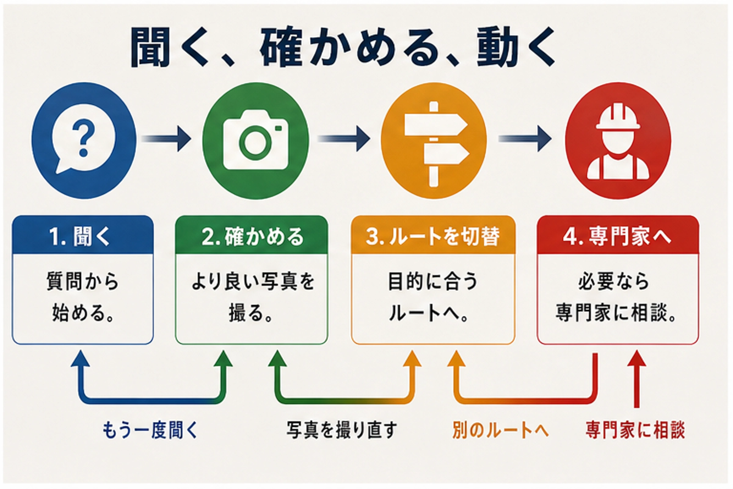床写真の質問フロー。狭く聞き、写真を改善し、必要なら道具を変えるか専門家へ進む。