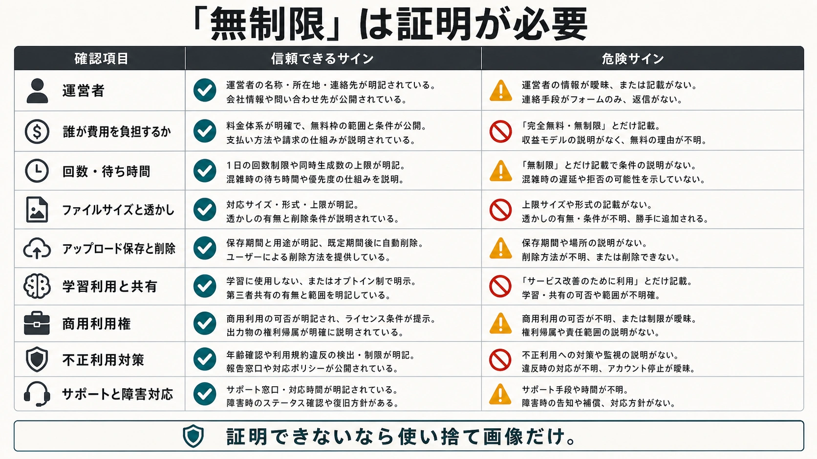 アップロード対応AI画像生成の無制限主張を確認するマトリクス