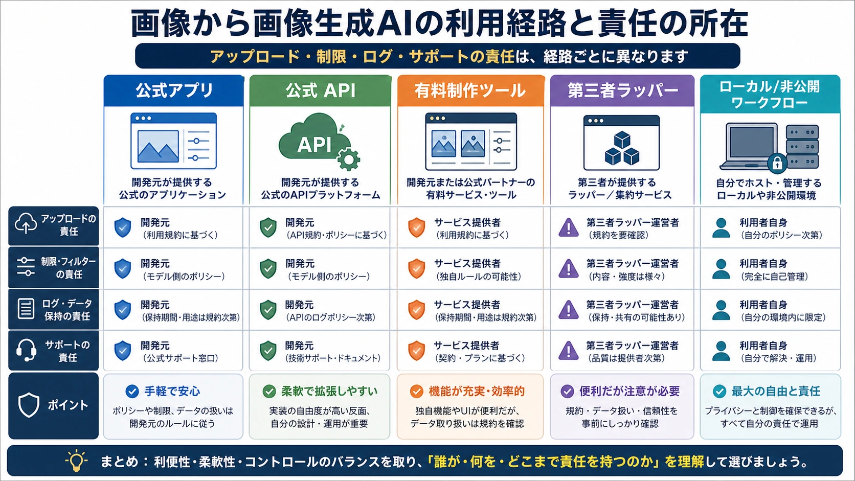 公式アプリ、API、ラッパー、有料制作環境、ローカル処理の所有者ボード