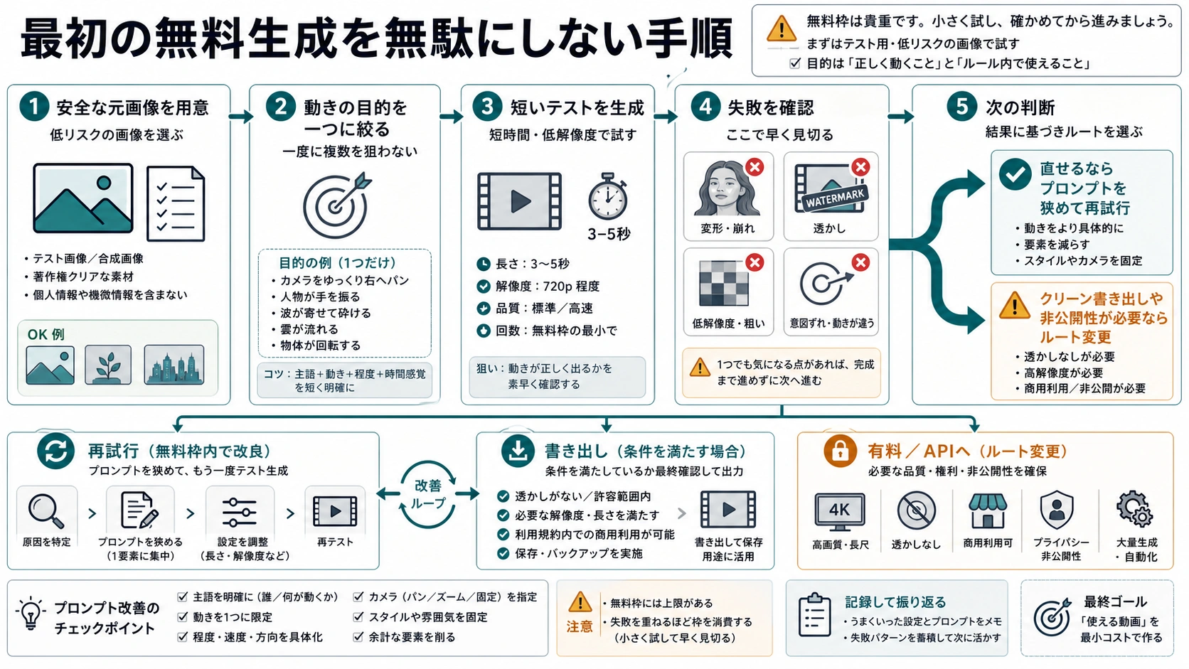 最初の無料生成で、安全な元画像、狭い動き、短いテスト、失敗確認、再試行またはルート変更を判断する流れ
