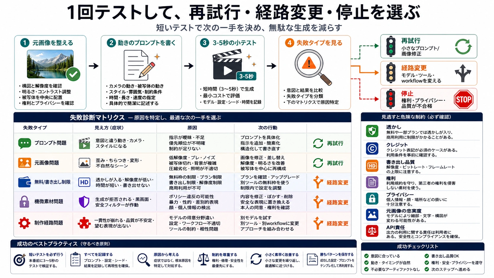 画像から動画の初回テストワークフロー。元画像を準備し、短いpromptを書き、短尺を生成し、失敗を診断して再生成・切替・停止を選ぶ。