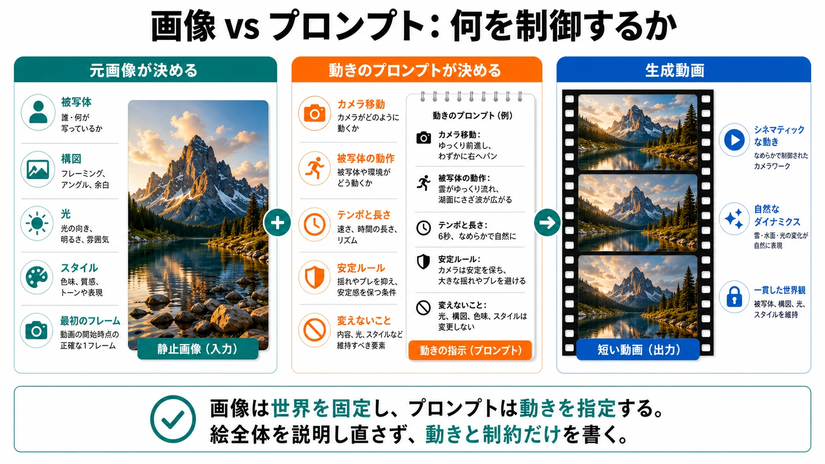元画像とmotion promptの役割分担。元画像は主体と構図を固定し、promptはカメラ、動作、時間、安定ルールを指定する。