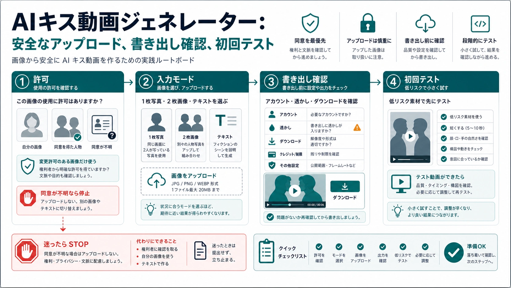 AIキス動画生成:写真の許可、無料書き出し、最初のテストを先に確認