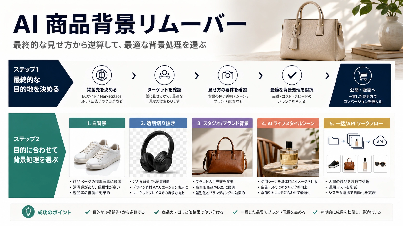商品画像のAI背景削除:白背景、透過PNG、スタジオ背景、利用シーンを選び分ける