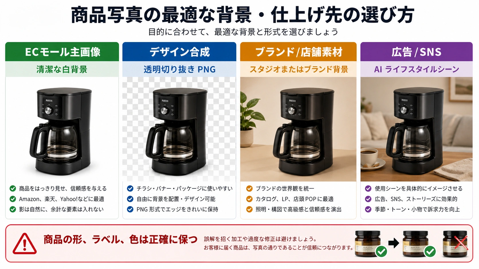 モール用白背景、透過切り抜き、スタジオ背景、AIシーンを比較する商品画像の出力マトリクス。