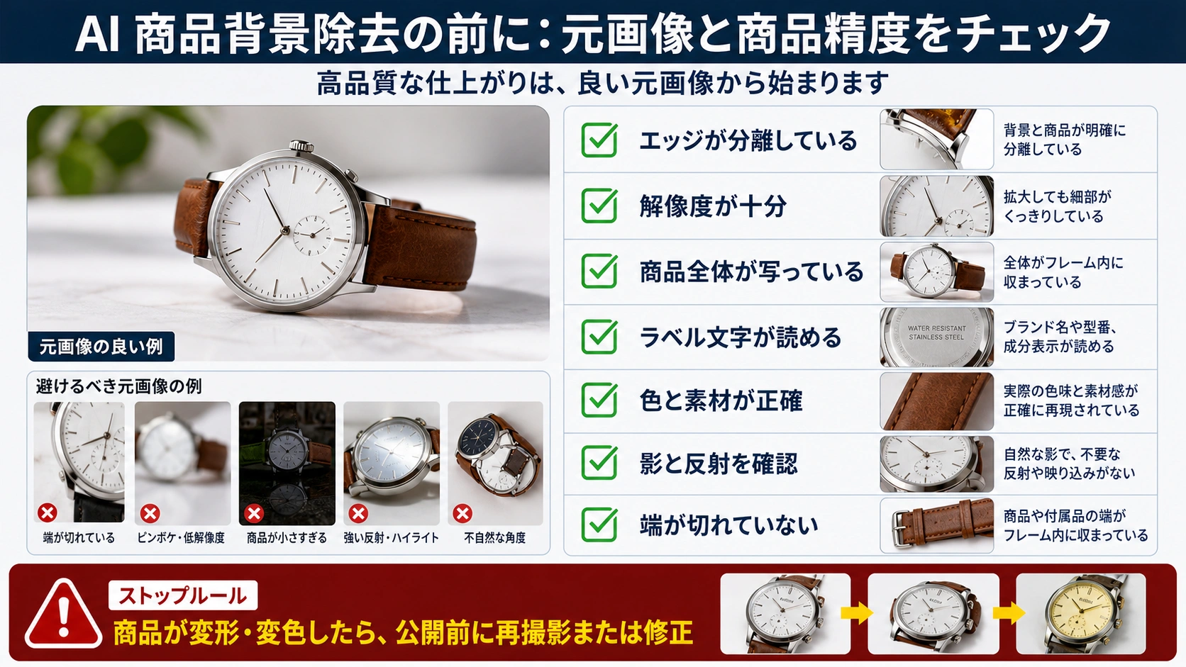 背景削除前に確認する元画像の輪郭、ラベル、素材、影、透明部分のチェックリスト。