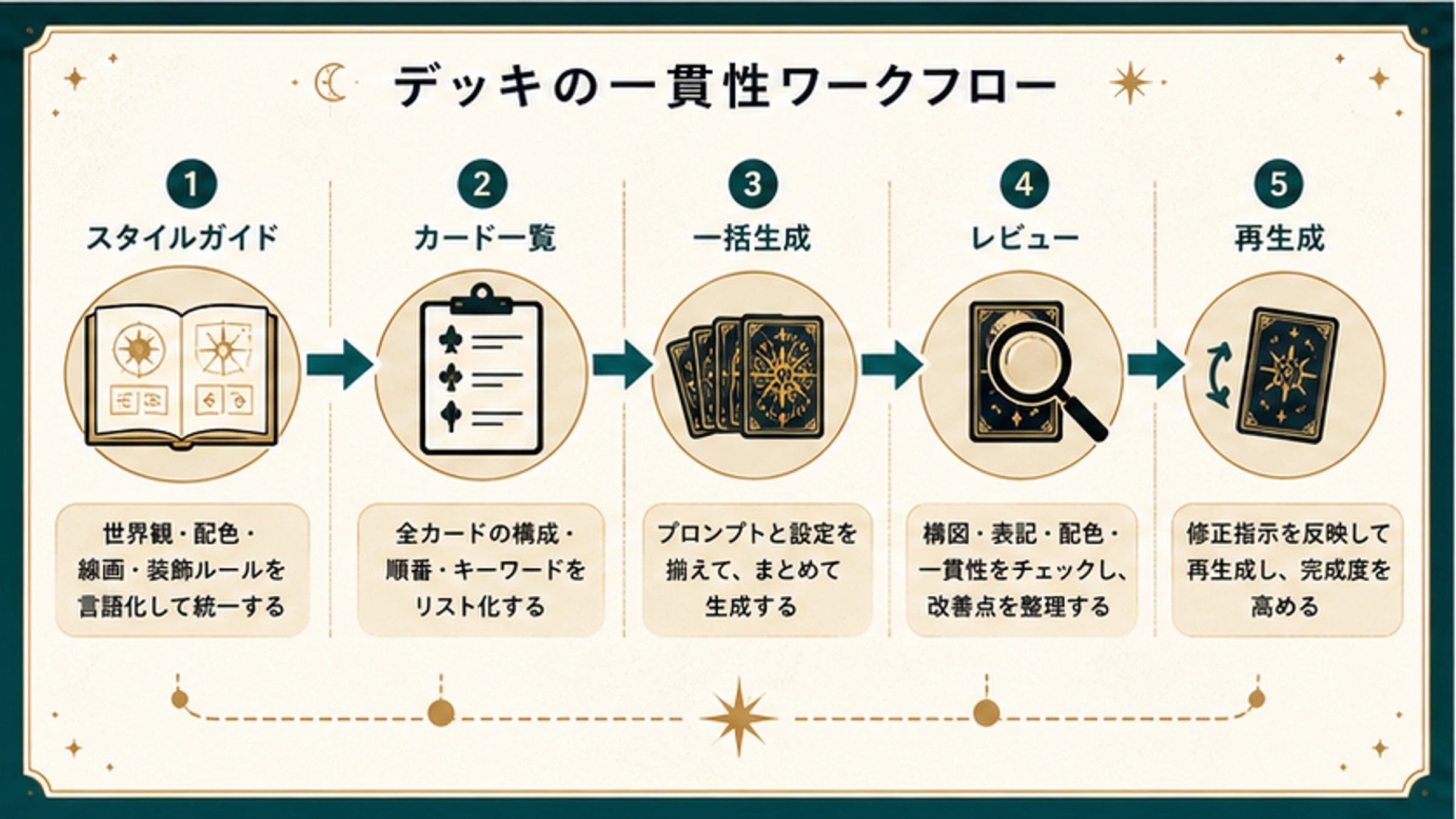 スタイルガイド、カード一覧、生成、レビュー、再生成でAIタロットデッキの一貫性を保つ流れ