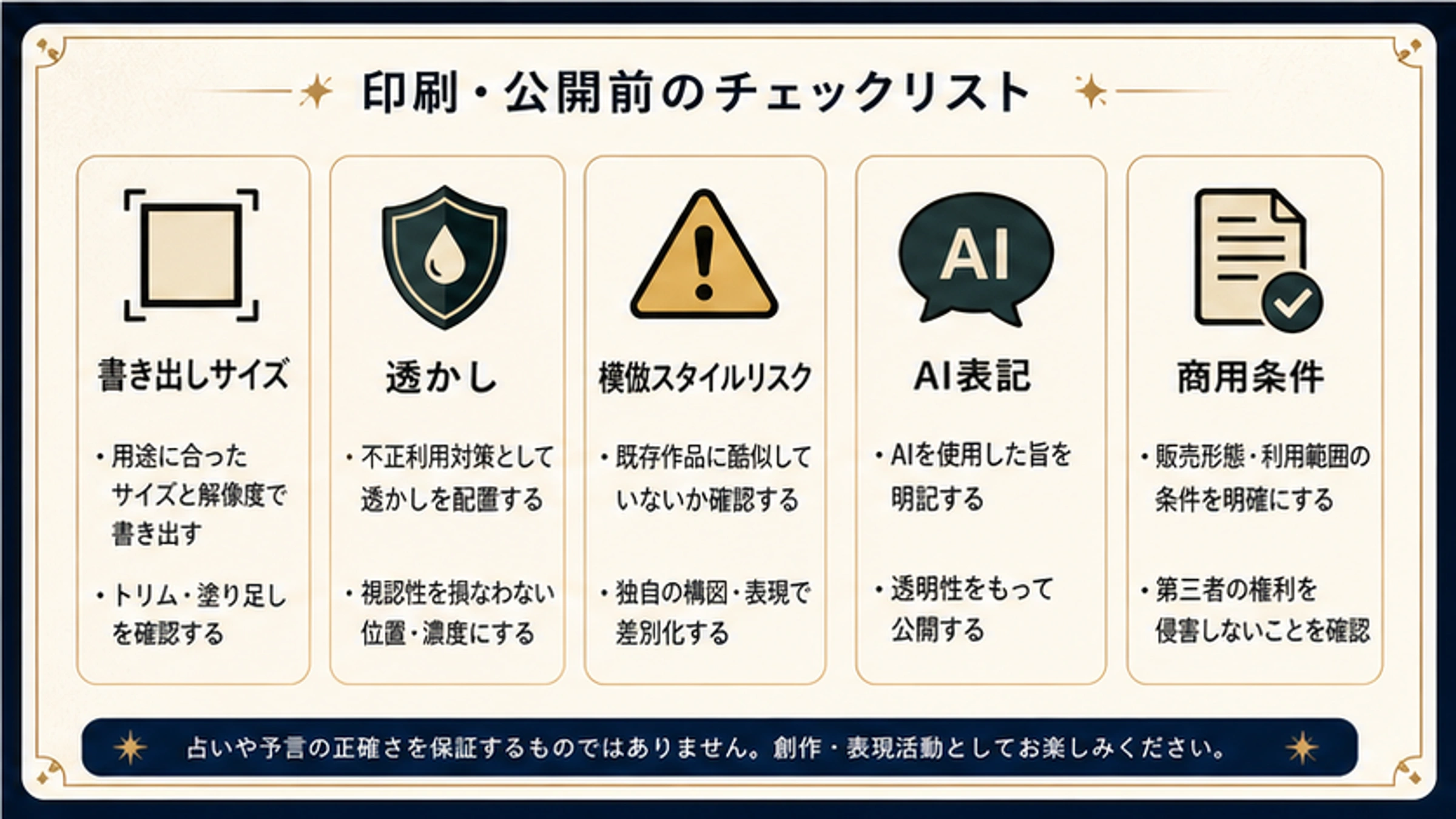 印刷や販売前に書き出し、水印、模倣リスク、AI表示、商用条件を確認するチェックリスト