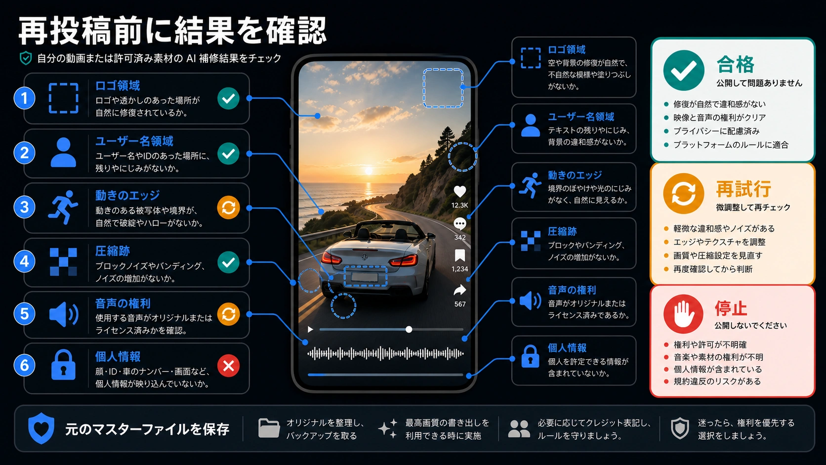 AIで整理した短尺動画の検査ボード。旧ロゴ位置、ユーザー名位置、動きの境界、圧縮、音源権利、個人情報を確認する。