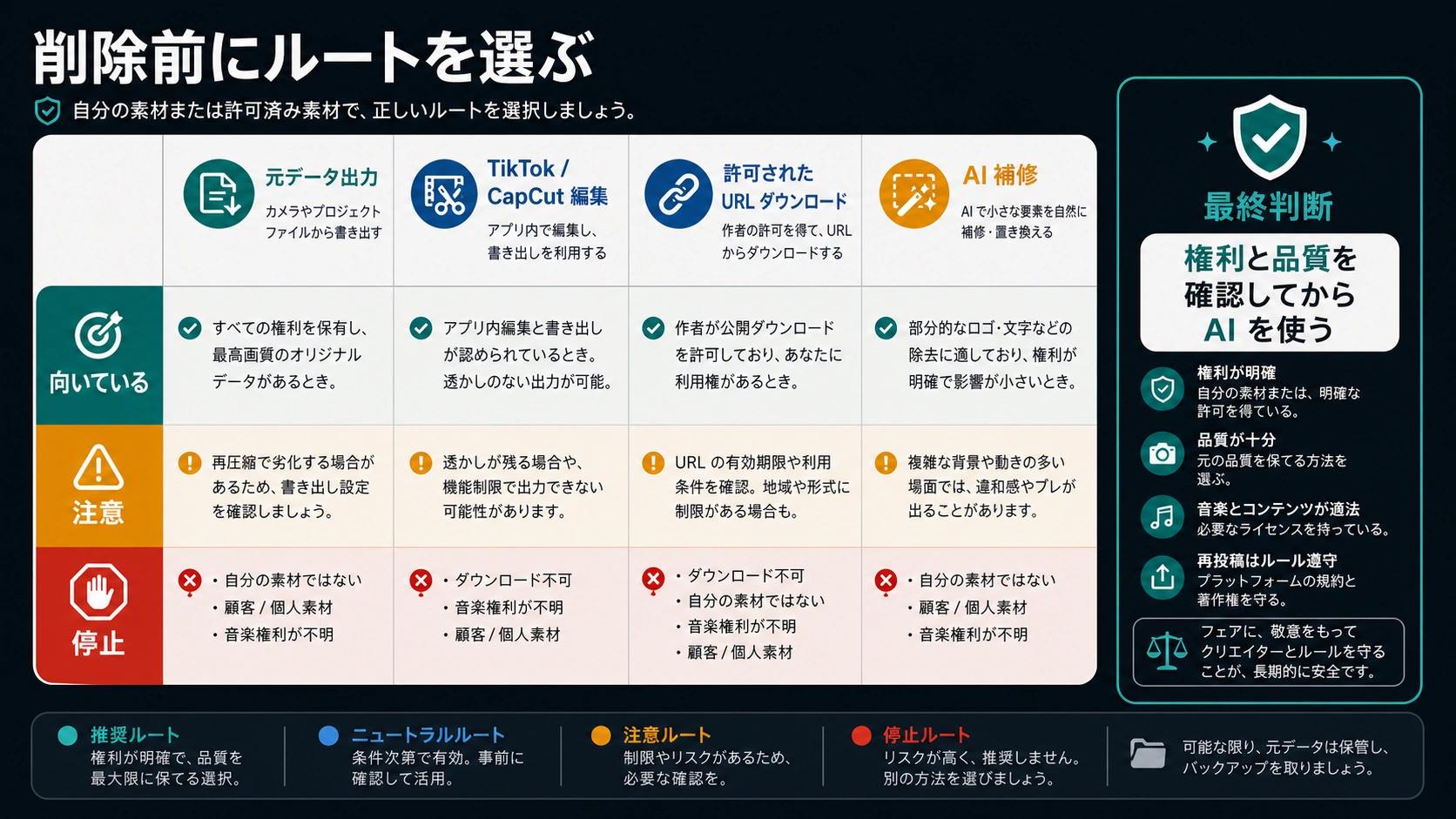 元データ、TikTokやCapCut編集、許可されたURLダウンロード、AIインペイントを比較する短尺動画クリーンアップの判断マトリクス。