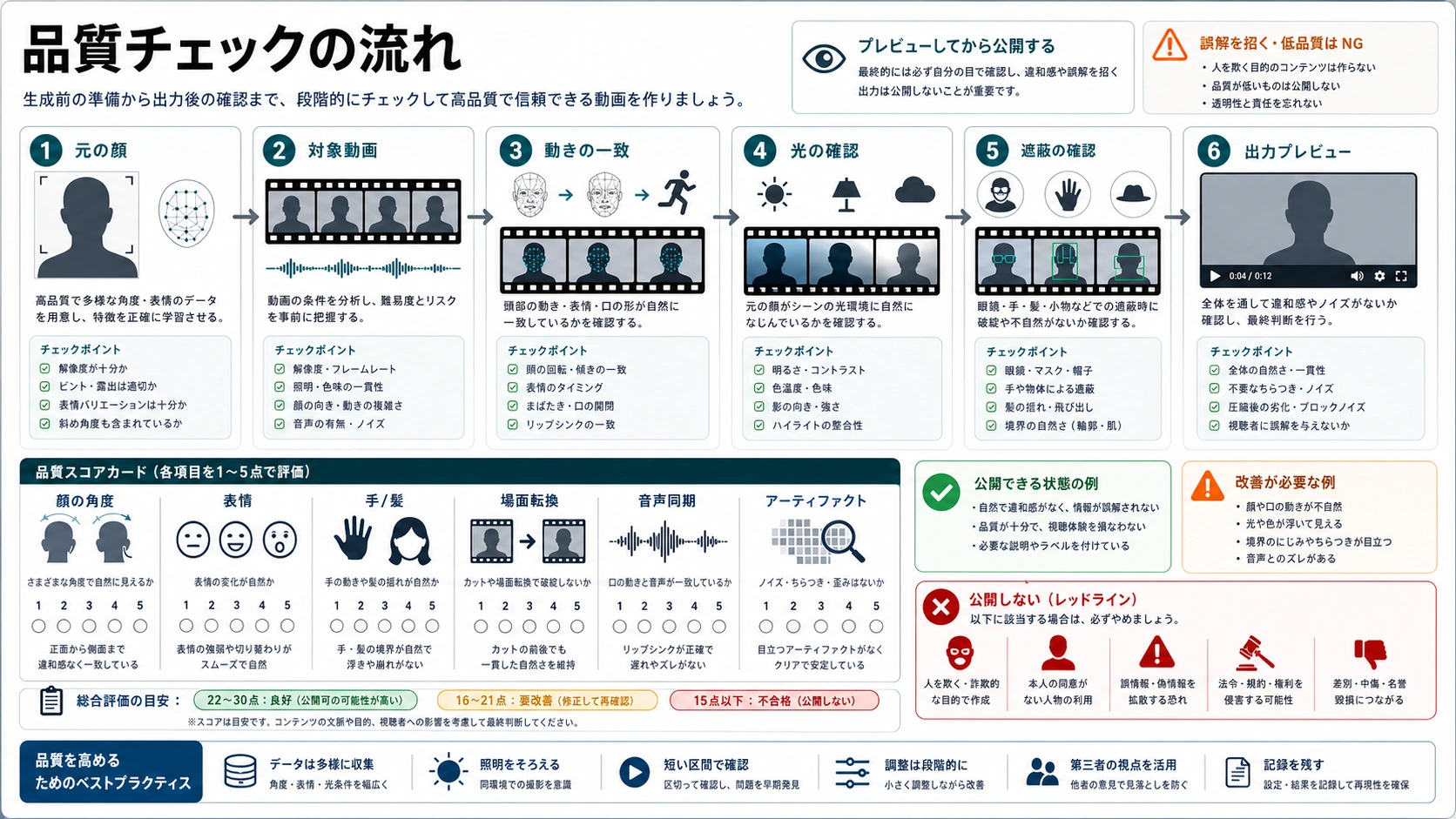 顔入れ替え動画の画質確認フロー。顔写真、対象動画、動き、光、遮り、出力プレビューを確認する