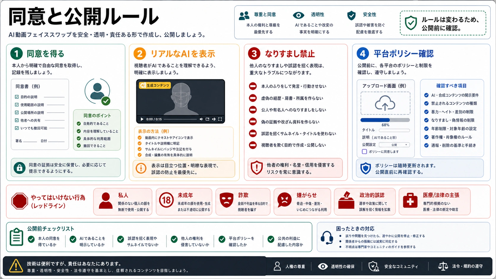 動画顔入れ替えの公開前チェック。同意、表示、なりすまし、未成年、詐欺、嫌がらせ、平台ルールを確認する