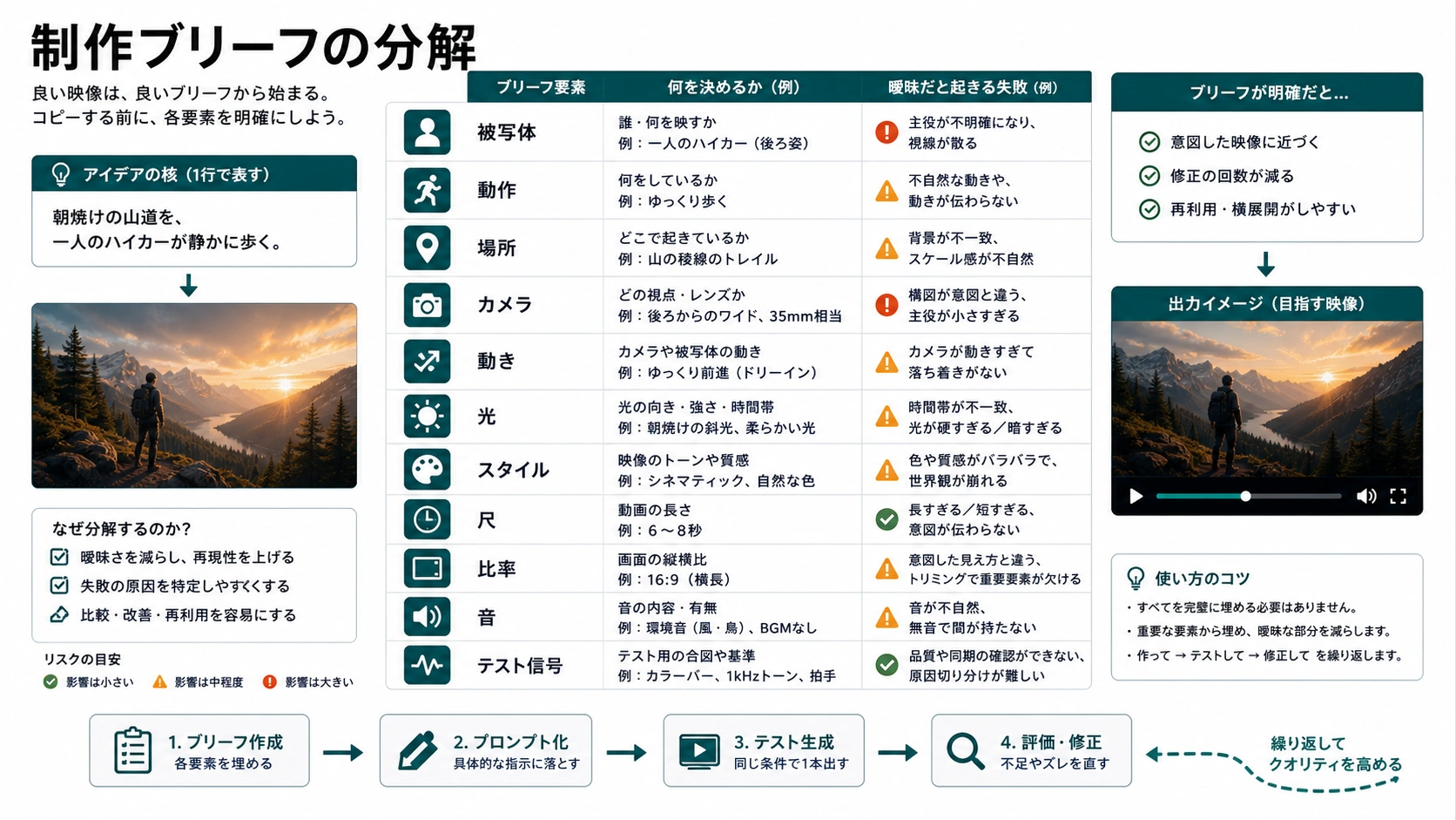 用途、被写体、動作、カメラ、光、音、合格条件を分けた撮影指示書