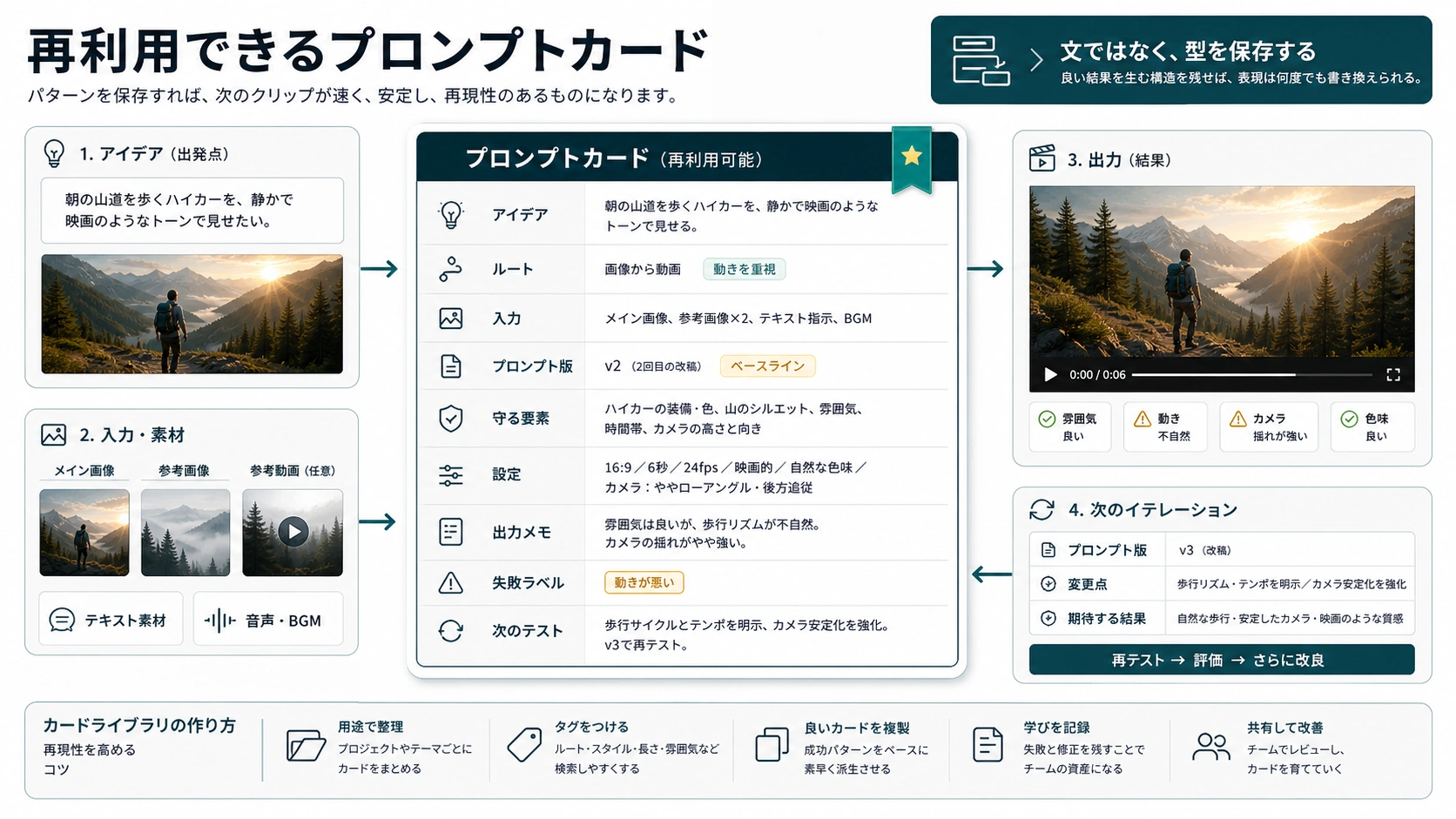 AI動画プロンプトの条件、結果、失敗、次のテストを保存する記録票