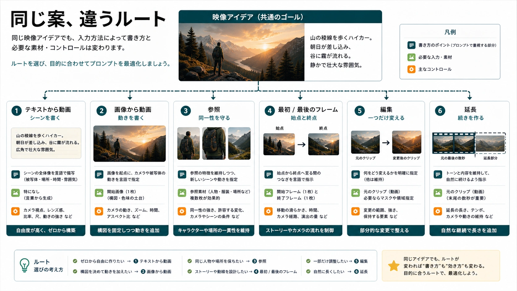 同じ動画企画を六つの生成方式に書き分ける対応表