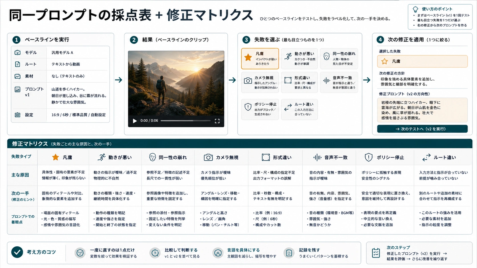 同一プロンプトの採点と、失敗別の修正方針