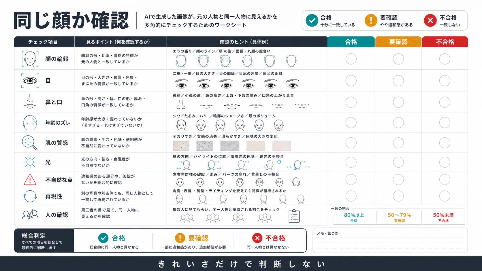 同じ顔に見えるかを確認するための顔型、目、年齢、アーティファクト、再現性チェック表