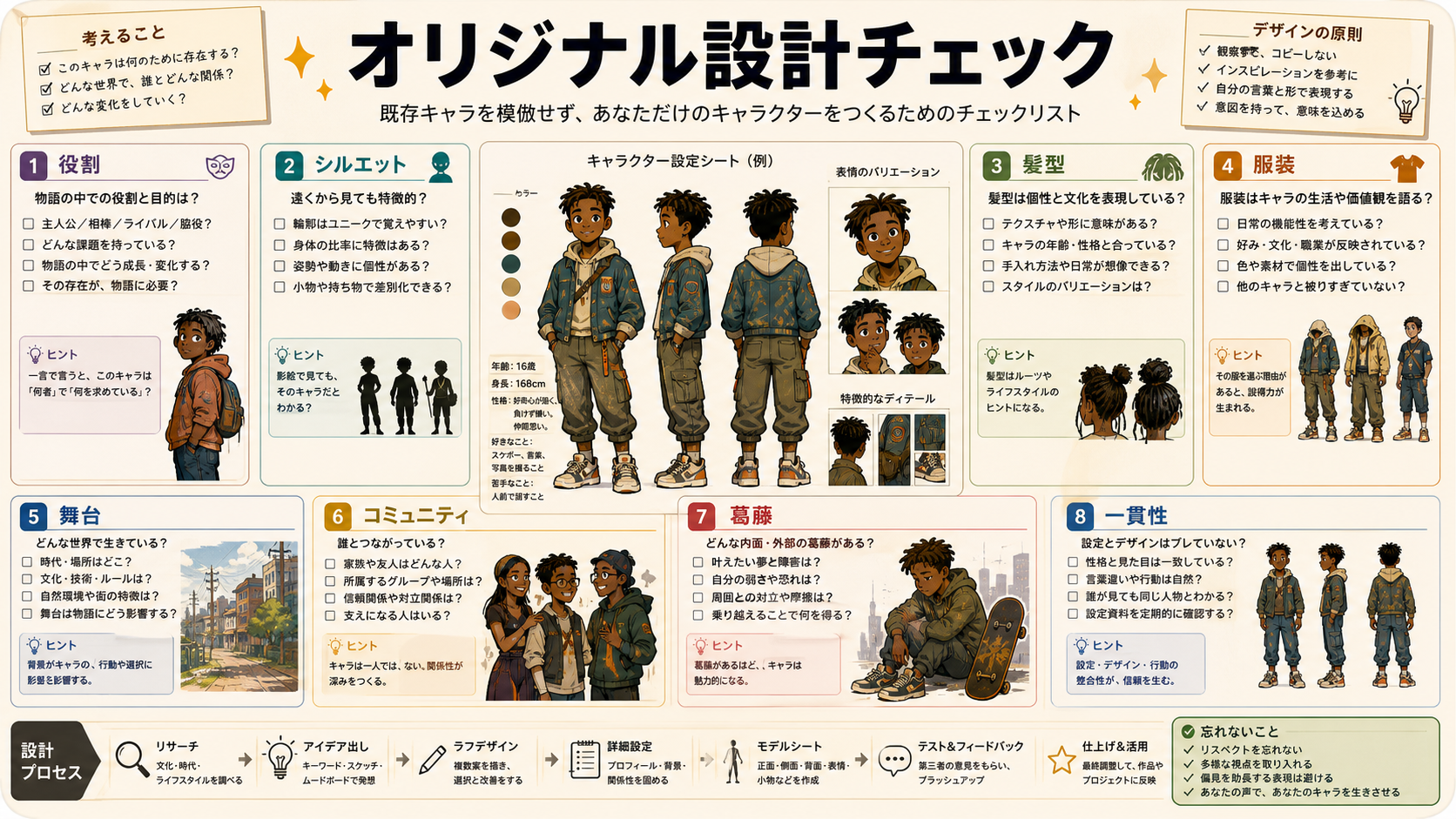 役割、シルエット、髪型、服装、舞台、コミュニティ、葛藤、一貫性を確認する設計チェック。
